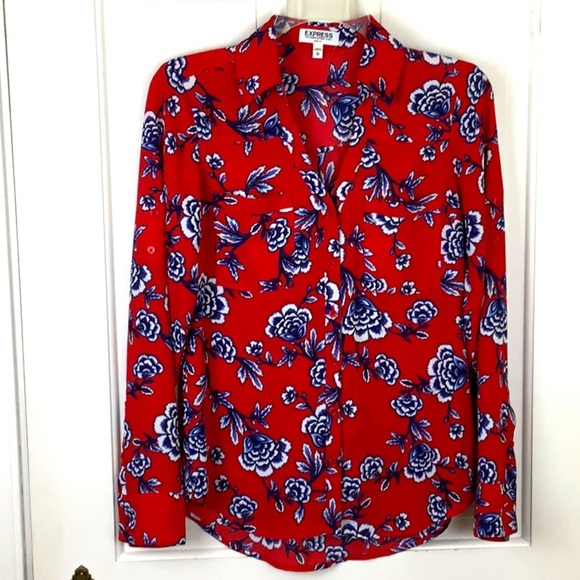Express Tops - EXPRESS The Portofino Shirt Slim Fit Red Floral XS